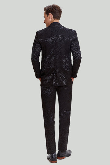 Men's Black 3 Piece Jacquard Jacket Vest Pants Suit